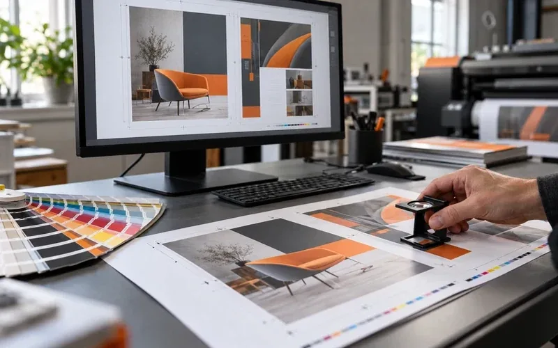 Kontrola wydruku z fotografią fotela przy monitorze i wzorniku kolorów