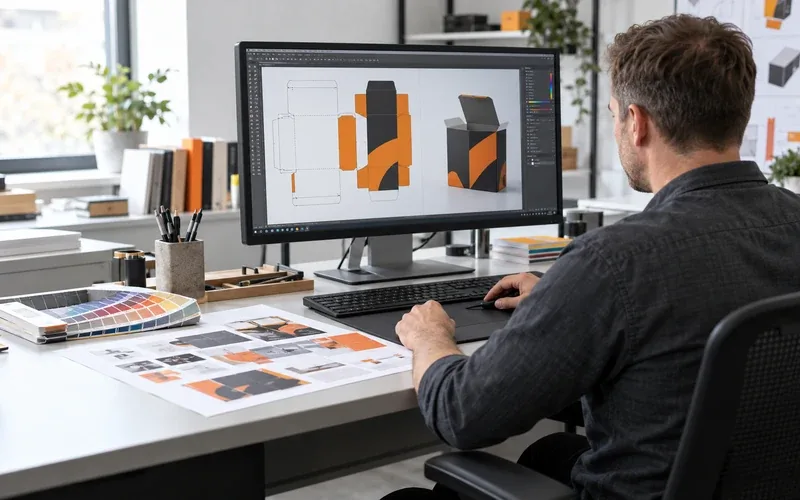 Grafik przy monitorze z projektem opakowania i próbkami druku — ilustracja działu DTP