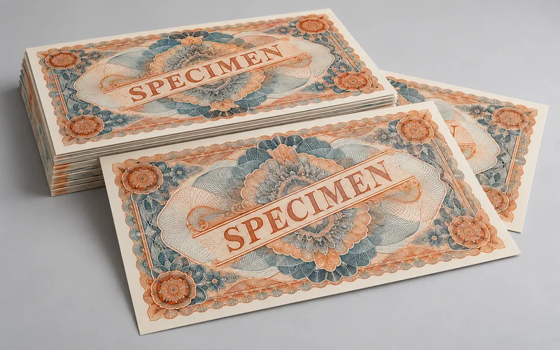 Arkusze i stos fikcyjnych wzorów druków zabezpieczonych z napisem SPECIMEN — ilustracja poglądowa