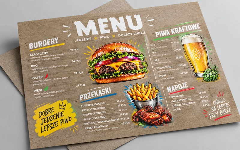 Menu baru A3 na szarym papierze pakowym z białymi elementami i kolorowym nadrukiem CMYK na białym poddruku — mockup