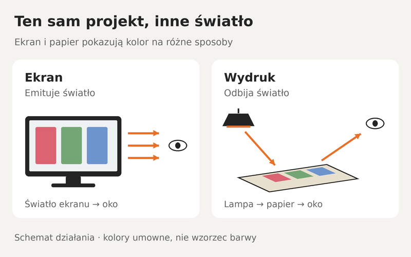 Schemat drogi światła: ekran emituje je w stronę oka, a wydruk odbija światło lampy