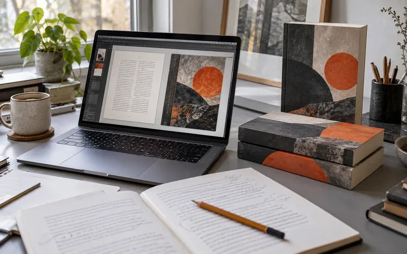 Projekt książki na laptopie, otwarta publikacja i stos książek — ilustracja self-publishingu