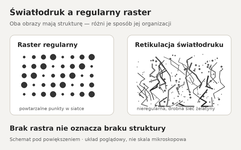 Porównanie pod powiększeniem: regularna siatka punktów rastra oraz nieregularna retikulacja żelatyny w światłodruku