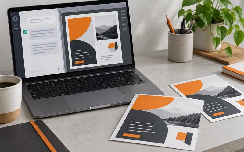 Projekt ulotki na ekranie laptopa obok rozmowy z AI i wydruków na biurku — ilustracja