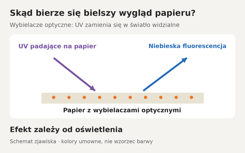 Schemat fluorescencji: UV pada na papier z wybielaczami optycznymi, które emitują niebieskie światło widzialne