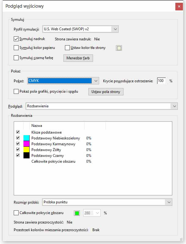 Panel Podgląd wyjściowy w Adobe Acrobat z ustawieniami separacji kolorów