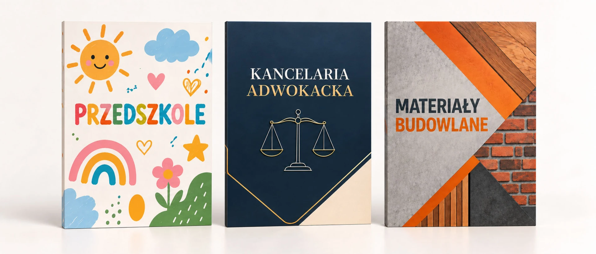Teczki ofertowe z przykładowym nadrukiem dla przedszkola, kancelarii i firmy budowlanej