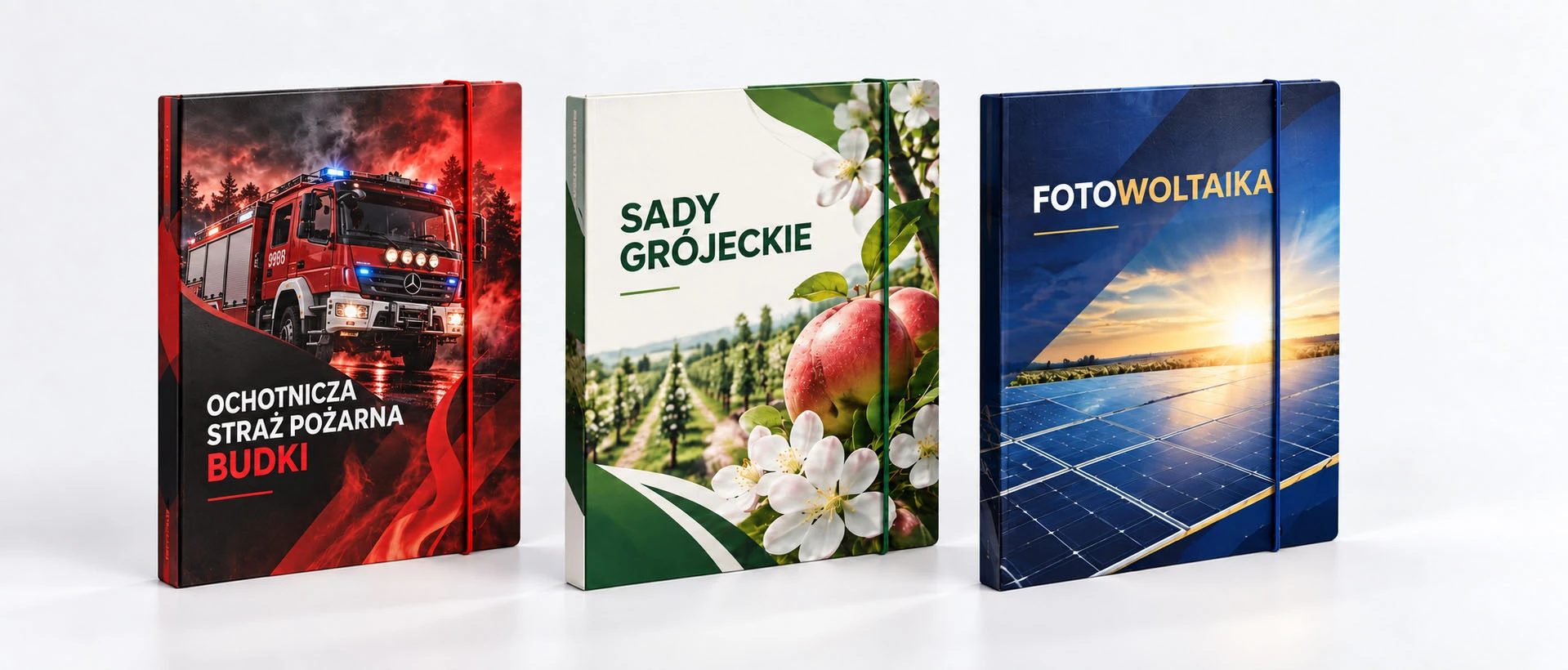 Teczki z gumką z przykładowymi nadrukami straży pożarnej, sadu i firmy fotowoltaicznej