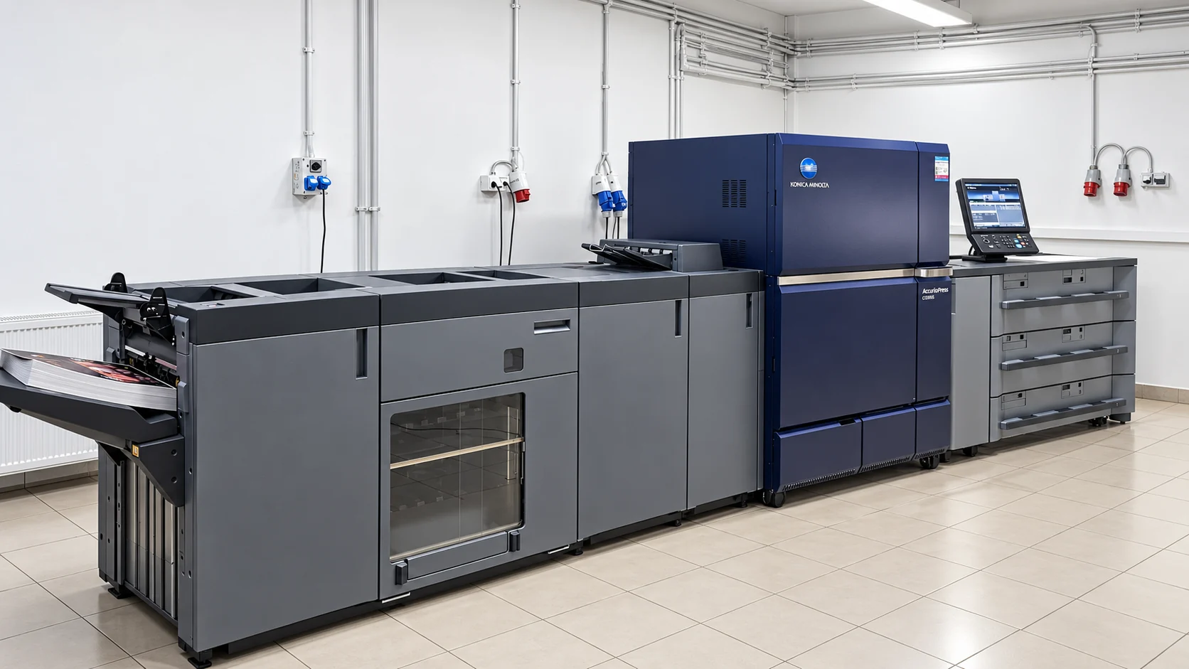 Cyfrowa maszyna produkcyjna Konica Minolta z podajnikami papieru i modułami odbioru wydruków w jasnej hali