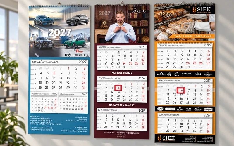 Mockup kalendarzy firmowych na 2027 rok: jednodzielny Prasek oraz trójdzielne Loreto i SIEK