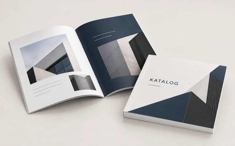 Mockup katalogów firmowych: A4 szyty drutem oraz kwadratowy 200 × 200 mm klejony PUR, na jasnym tle