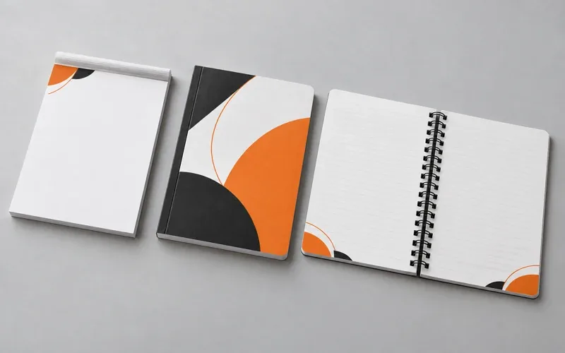 Notes klejony, notes z okładką i otwarty notes spiralowany ze spójną grafiką firmową