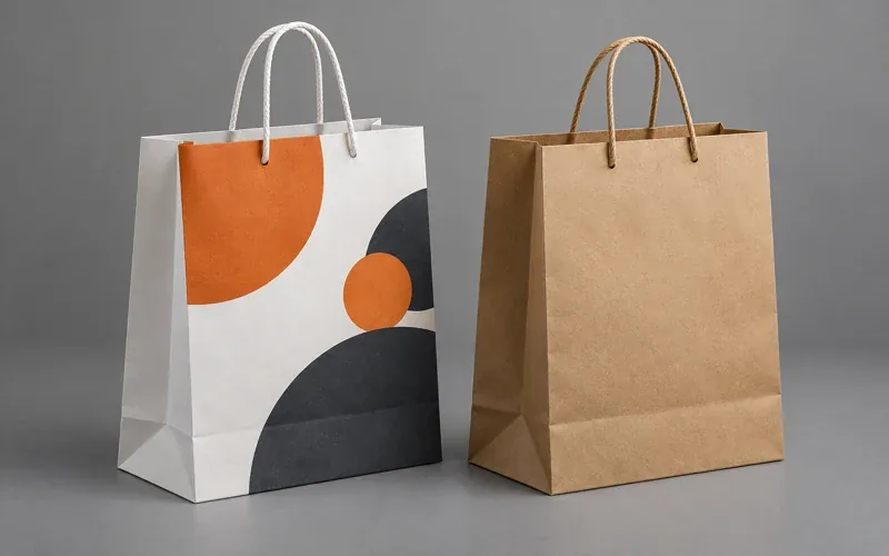 Torba papierowa z pomarańczowo-czarnym nadrukiem i torba kraft z uchwytami