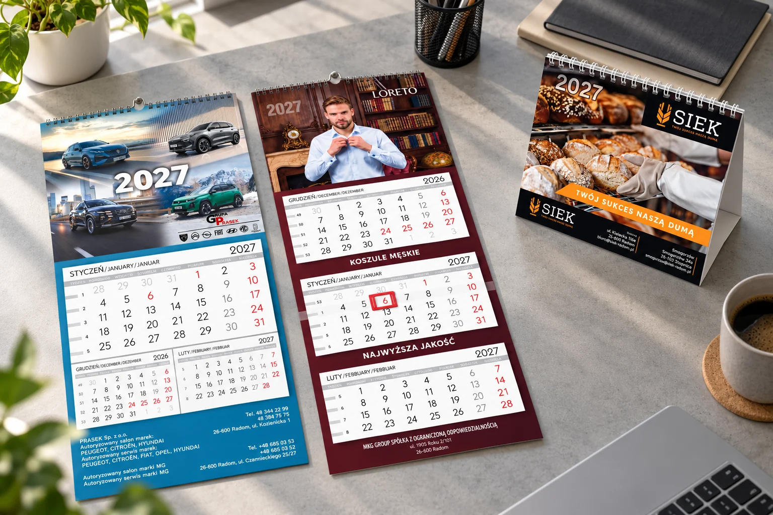 Mockup trzech kalendarzy firmowych na 2027 rok na biurku: jednodzielny Prasek, trójdzielny Loreto i stojący biurkowy SIEK